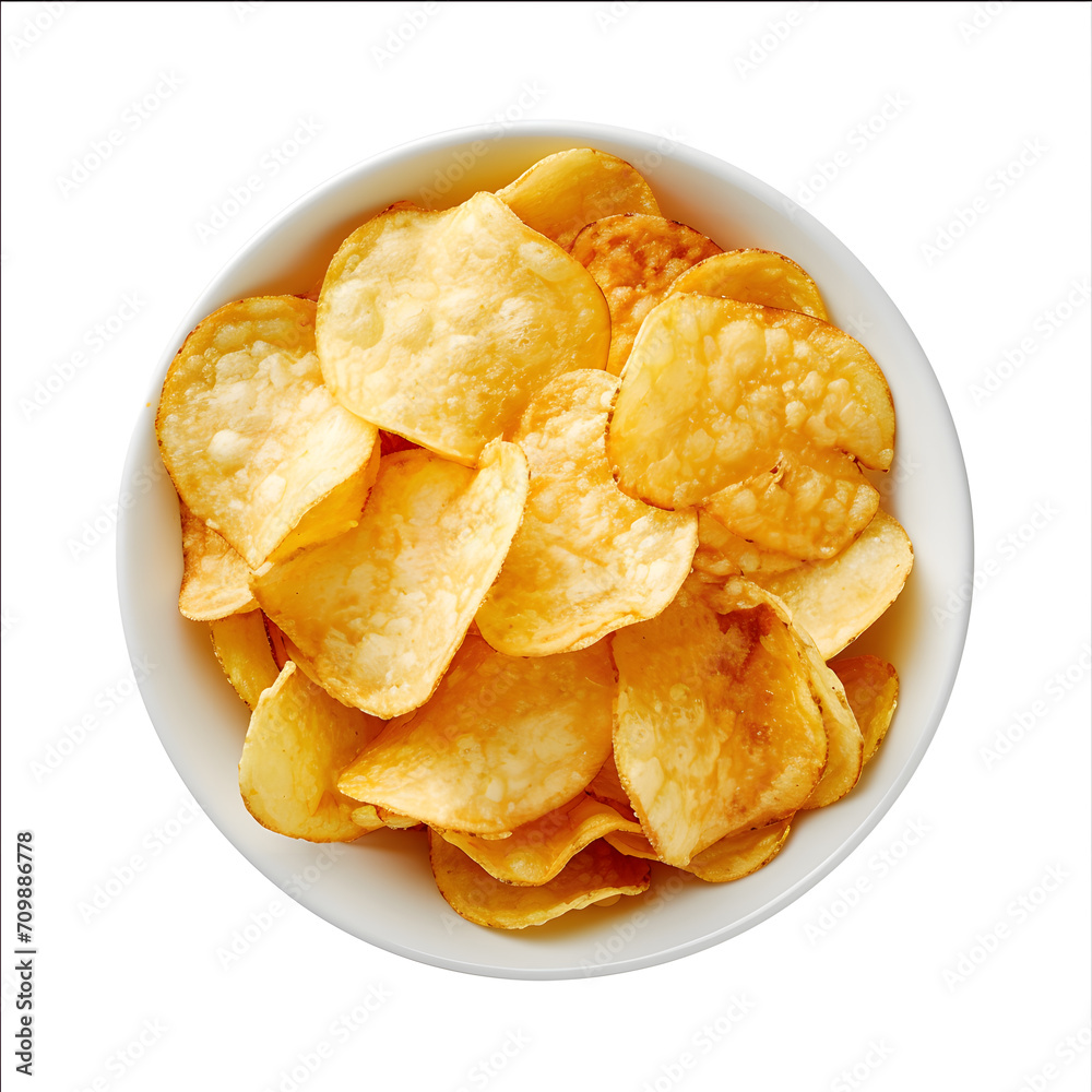Potato chips on white bowl, top view, isolated on white background Potato chips on white bowl, top view, isolated on white background