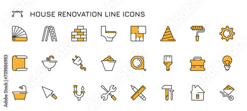 House maintanance repair icons. Wall repair and remodeling, wall painting and plastering tools and equipment. Vector house renovation set of house repair illustration