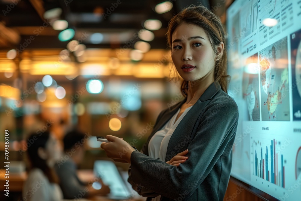 A female operations manager organizes a conference presentation for a team of economists. Asian women use digital technology