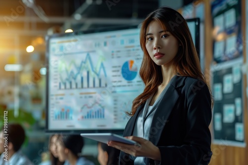 A female operations manager organizes a conference presentation for a team of economists. Asian women use digital technology