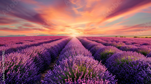 Sunset over a blooming lavender field with rows of purple flowers and a colorful sky.