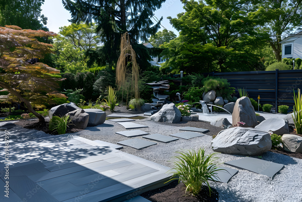 ZenGartenlandschaft Eine harmonische Gartenidylle mit Zengarten, eine