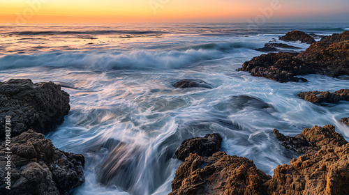 Sunset over a rocky coastline with waves gently crashing against the shore.