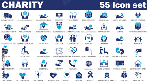 charity and donation Colorful icon set. Set of 55 Volunteering and charity web icons in fill style. High quality business icon set of Charity