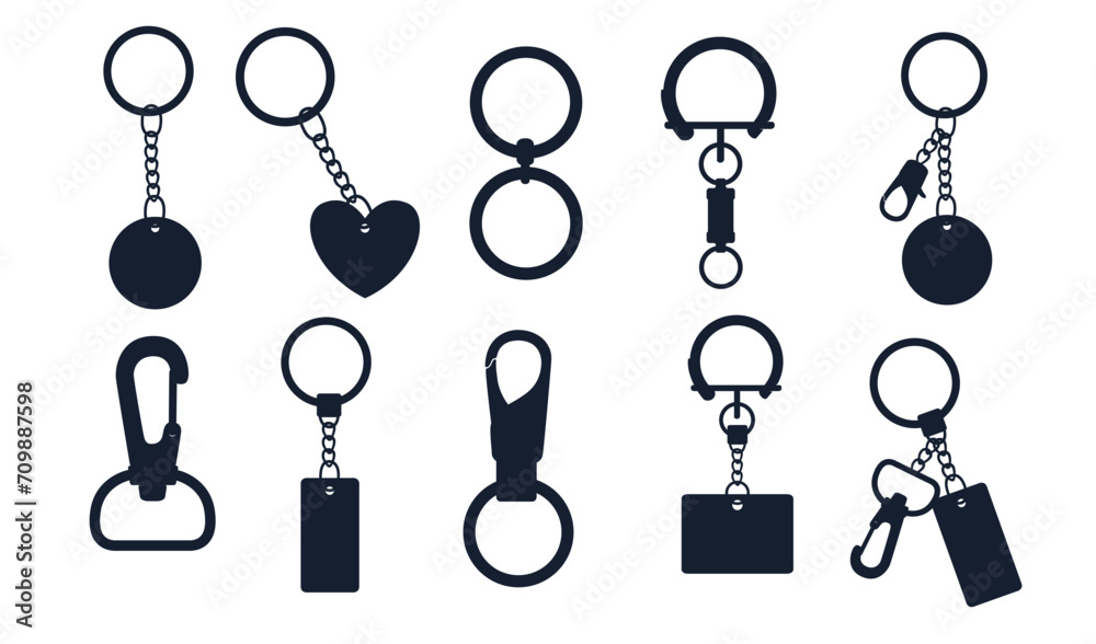 Black silhouette set of metal keychain with ring and chain vector illustration isolated on white background Black silhouette set of metal keychain with ring and chain vector illustration isolated on white background