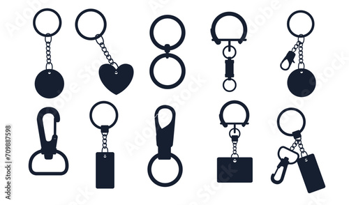 Black silhouette set of metal keychain with ring and chain vector illustration isolated on white background