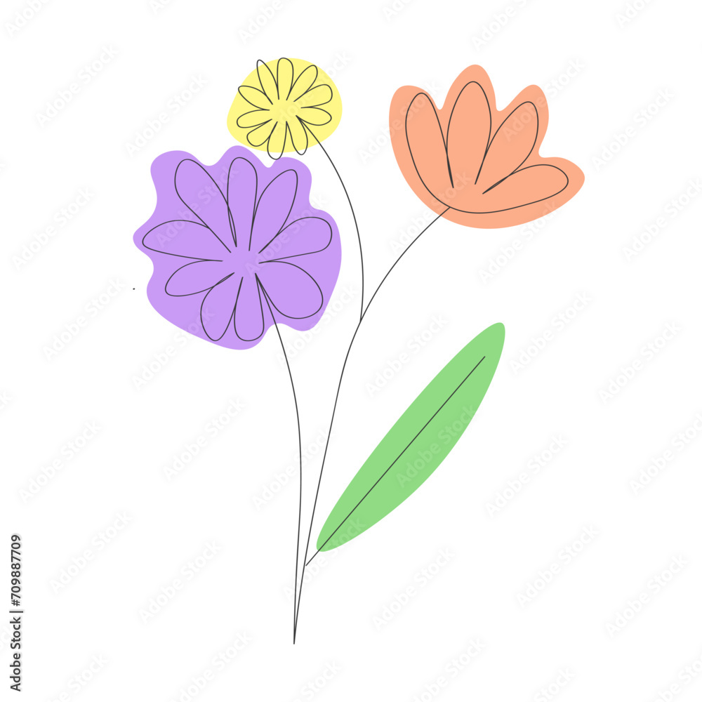 Abstract flowers in linear style. Flowers one line drawing.