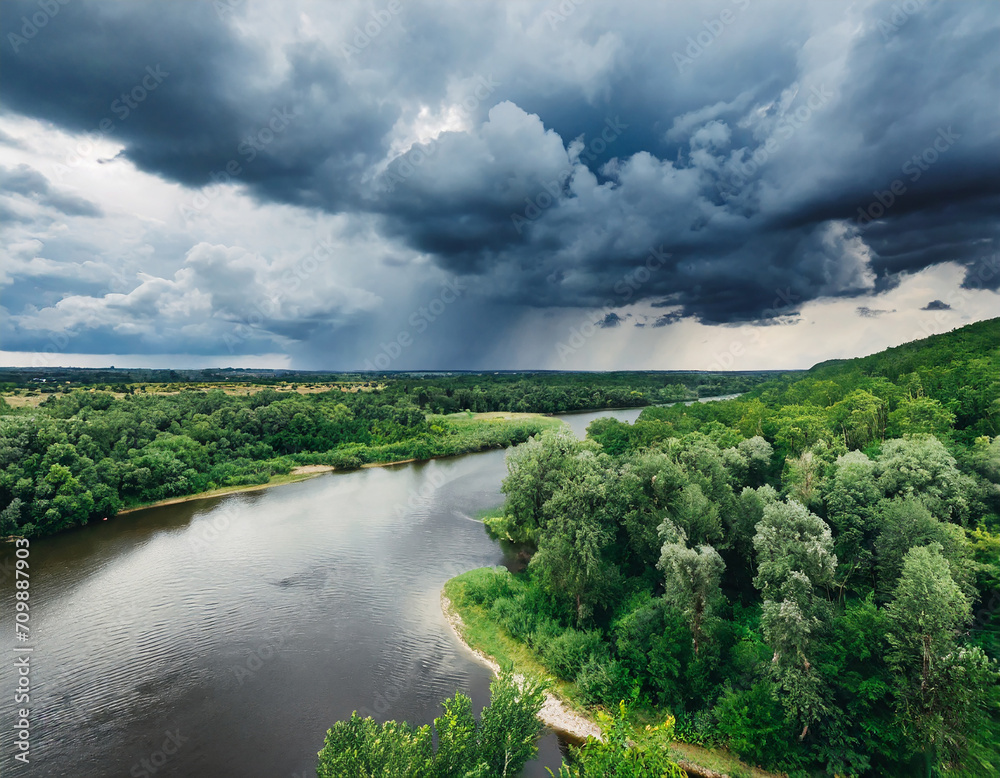 Dense Raining clouds over the river in the green forest