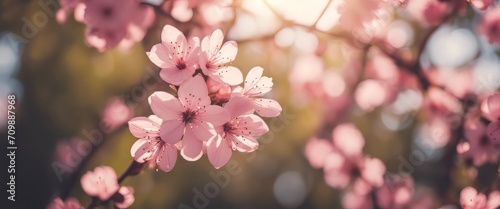 Spring border or background art with pink blossom. Beautiful nature scene with blooming tree and sunny