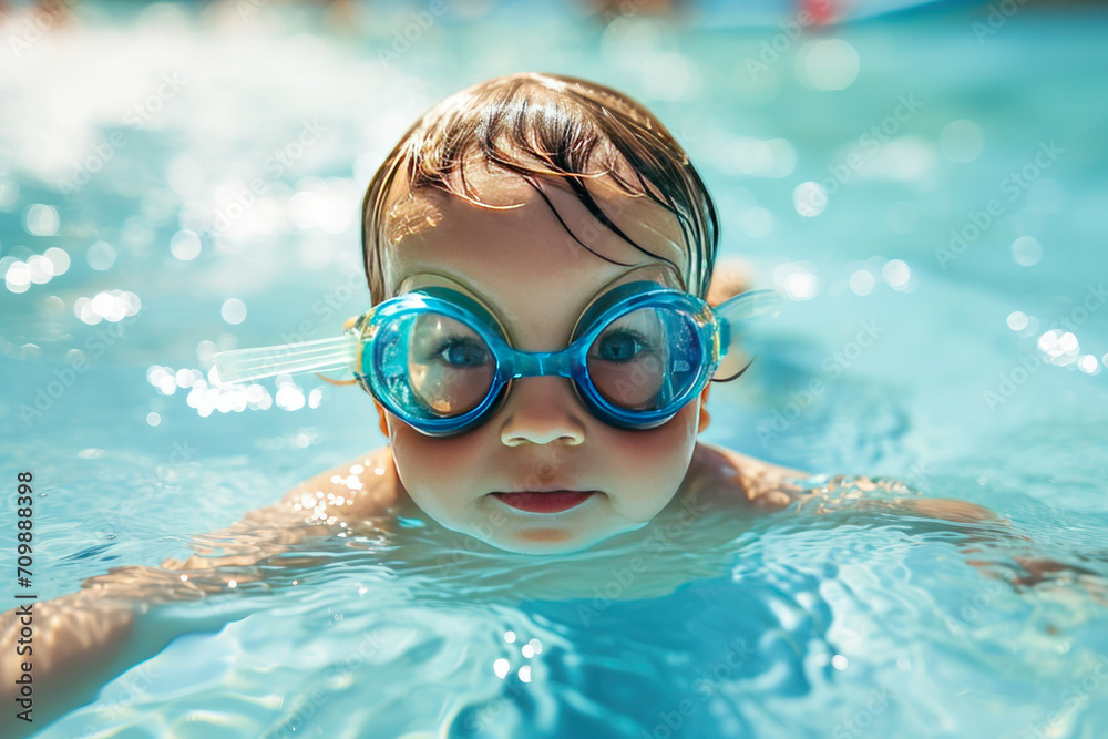 child in pool with goggles 