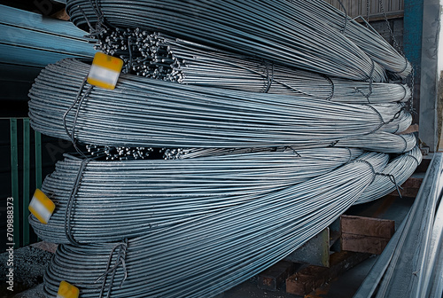 Billede på lærred exture of steel deformed or bars background Deformed steel bars for reinforced concrete, metal texture close up Reinforcement steel rod and deformed bar with rebar at construction site