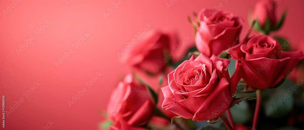 roses with light red background Top view, Valentines day Woman day, Love and birthday theme, with empty copy space roses with light red background Top view, Valentines day Woman day, Love and birthday theme, with empty copy space