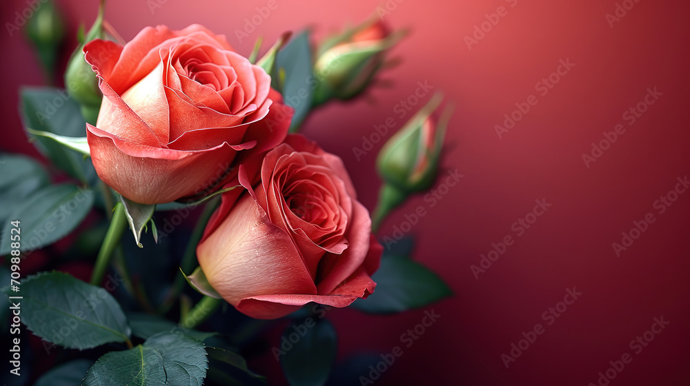 roses with light red background Top view, Valentines day Woman day, Love and birthday theme, with empty copy space roses with light red background Top view, Valentines day Woman day, Love and birthday theme, with empty copy space