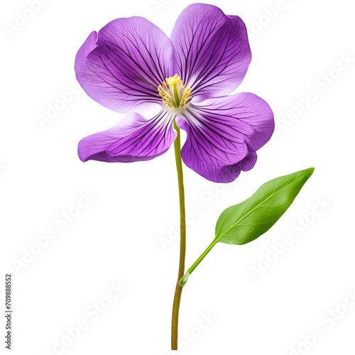 Single stem violet flower with a green leaf on a transparent background