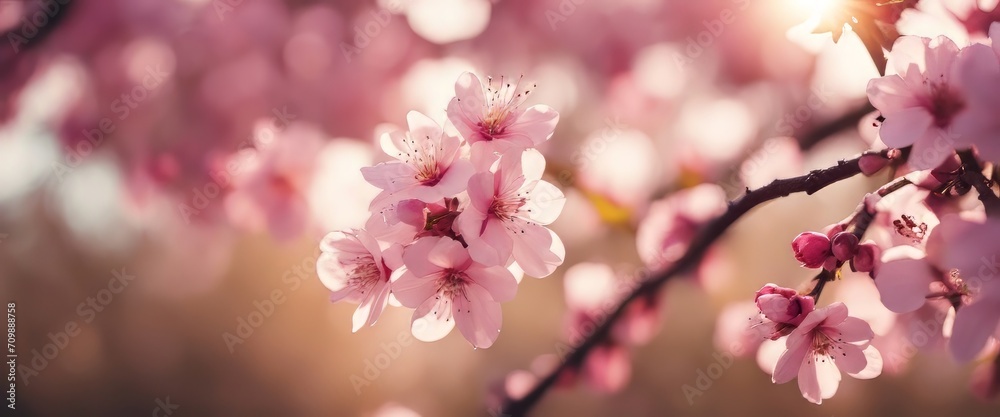 Spring border or background art with pink blossom. Beautiful nature scene with blooming tree and sunny