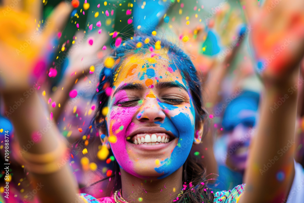 Festival de Holi en la India: Personas lanzándose polvo de colores en una celebración alegre - obrazy, fototapety, plakaty 