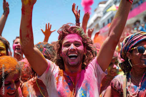 Festival de Holi en la India: Personas lanzándose polvo de colores en una celebración alegre photo