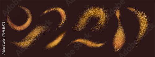 Golden glitter dust background. Confetti shiny effect for party decoration, festive holiday card backdrop. Vector texture. Flying particles, shiny sparks in flowing motion isolated set