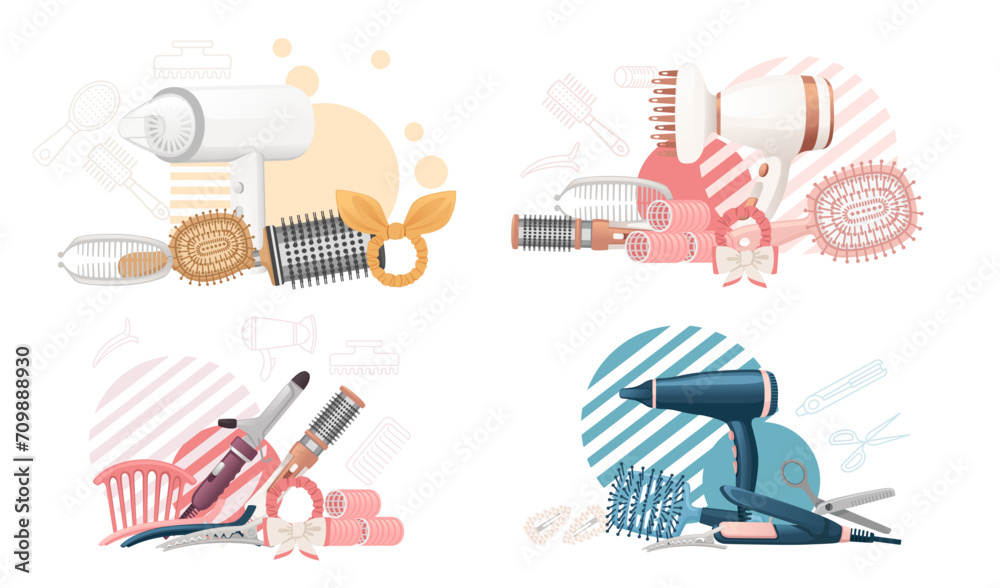Set of hair brush for hair care plastic fashion comb vector illustration on white background