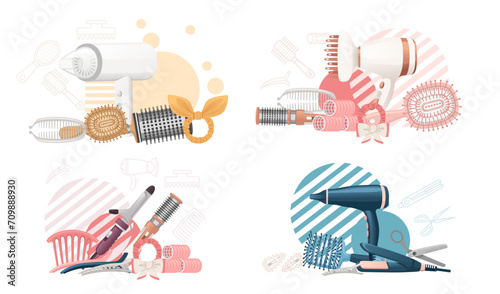 Set of hair brush for hair care plastic fashion comb vector illustration on white background