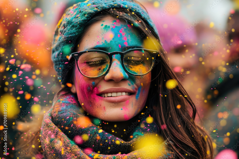 Festival de Holi en la India: Personas lanzándose polvo de colores en una celebración alegre - obrazy, fototapety, plakaty 