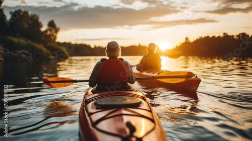 Obraz na płótnie Senior couple kayaking on the lake together at sunset