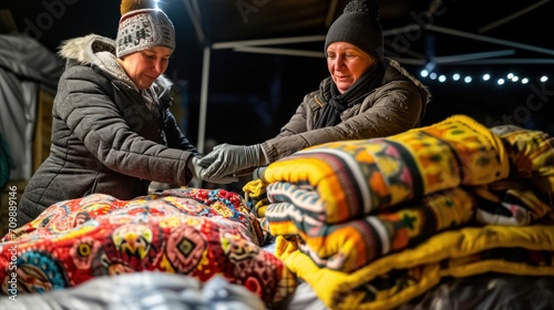 Volunteers hand out blankets and other donations. to refugees on the Ukrainian border