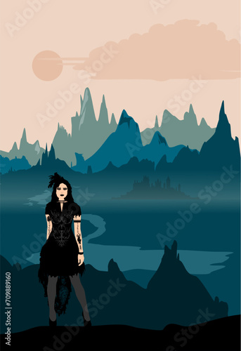 Vektor Silhouetten - Fantasy - Frau mit Gothic Kleidung auf Felsen mit phantastischer Landschaft