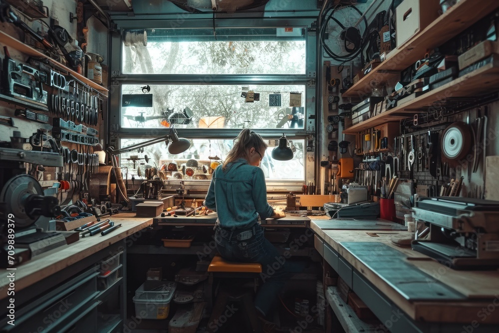 photograph of Woman is working at workshop. Concept of small business. wide angle lens realistic lighting --ar 3:2 --stylize 250 --v 6 Job ID: 027e10cf-f47a-45ef-8492-368cd88e7a87