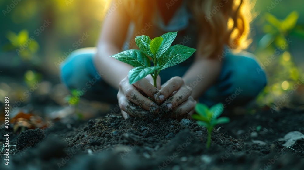 Fototapeta premium Volunteers plant trees together in a nature campaign
