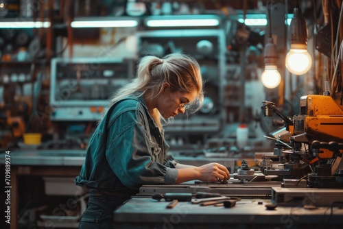 photograph of Woman is working at workshop. Concept of small business. wide angle lens realistic lighting --ar 3:2 --stylize 250 --v 6 Job ID: 027e10cf-f47a-45ef-8492-368cd88e7a87