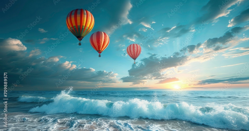 Obraz premium Hot air balloons over sea beach view
