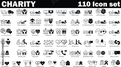 charity and donation Black and White icon set. Set of 110 Volunteering and charity web icons in line & fill style. High quality business icon set of Charity
