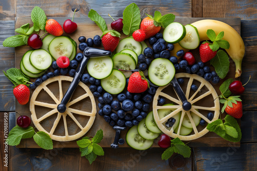 Fruity e-bike   Healthy food concept of an electric bicycle in detail made of fresh vegetables and fruits full of vitamins  isolated on white. Healthy food concept. A bike made of fresh vegetables and