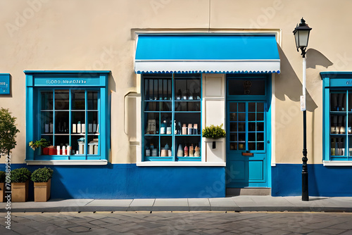 old european village facade , charming mediterranean boutique storefront painted in blue