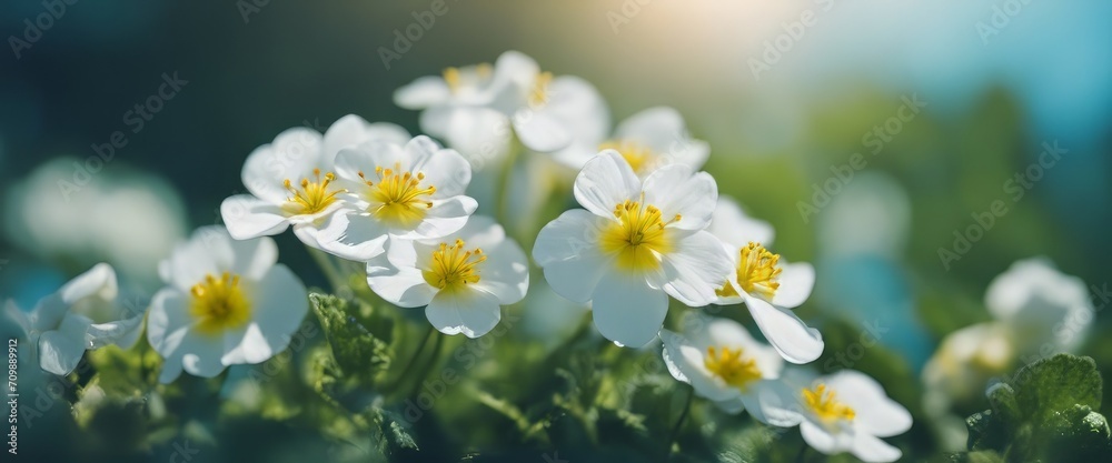 Spring forest white flowers primroses on a beautiful blue background macro. Blurred gentle sky Spring forest white flowers primroses on a beautiful blue background macro. Blurred gentle sky