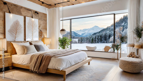 Rustic Elegance in cozy wooden retreat house with stylish interior design with warm Lighting.  Comfortable bedroom interior in eco friendly house with snowy winter landscape behind full wall window photo