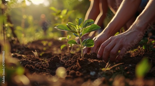 Volunteers plant trees together in a nature campaign