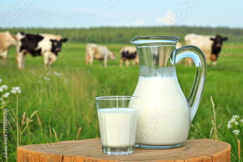 milk jug with glasses of milk on a wooden background with grazing cows in the background