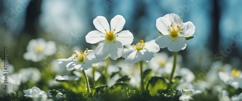 Spring forest white flowers primroses on a beautiful blue background macro. Blurred gentle sky