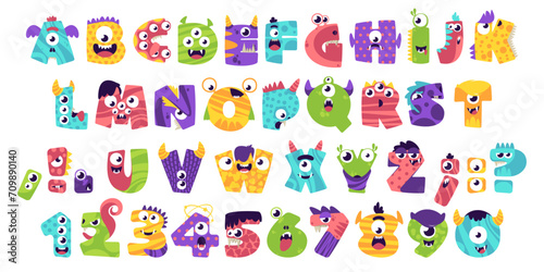 Monster alphabet. Cartoon prehistoric animals typeface for poster design, kindergarten alphabet with dinosaurs and aliens. Vector isolated collection. Comic beasts in form of letters and numbers