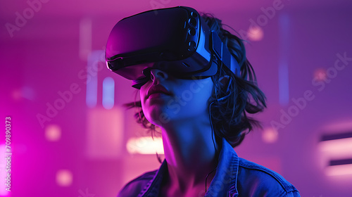 A young person playing games in virtual reality, metaverse, lost in virtual reality, augmented reality ar, vr,
