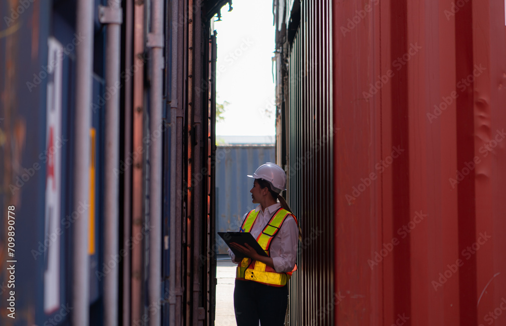 Workers in the import and export industries inspect the cargo of containers while holding a laptop and standing between them. Workers in the import and export industries inspect the cargo of containers while holding a laptop and standing between them.