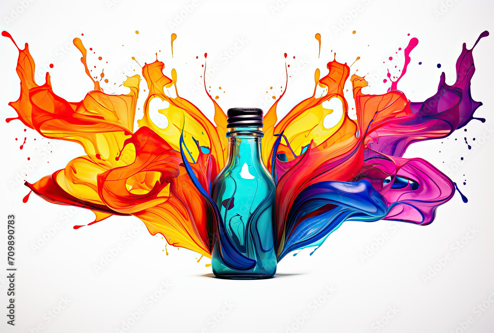 Bottle Filled With Colorful Liquid on White Background - obrazy, fototapety, plakaty 