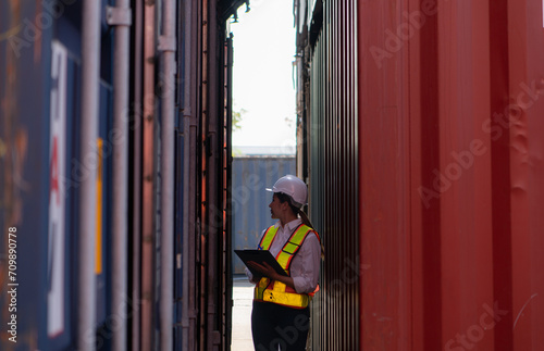 Workers in the import and export industries inspect the cargo of containers while holding a laptop and standing between them.