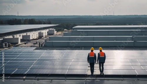 View on the rooftop solar power plant with back view of two engineers walking