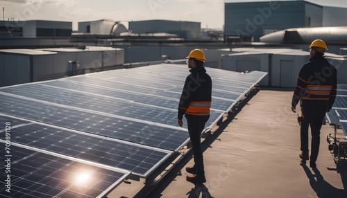 Wallpaper Mural View on the rooftop solar power plant with back view of two engineers walking Torontodigital.ca