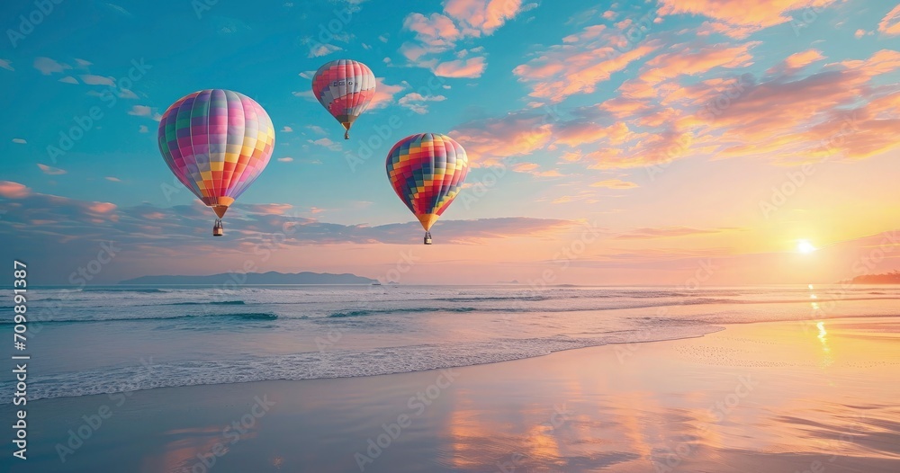 Hot air balloons over sea beach view Hot air balloons over sea beach view