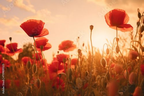 Sunset's warm glow bathes a serene field of red poppies, whispering tales of peace and remembrance © Ai Studio