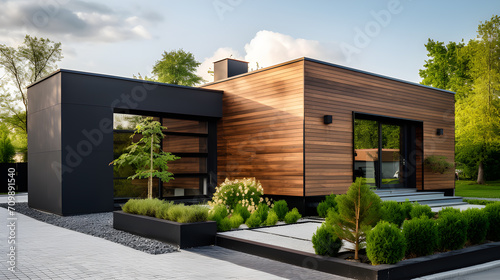 Luxury minimalist cubic house with wooden cladding and black panel walls, landscaping design front yard. Exterior of a residential building photo